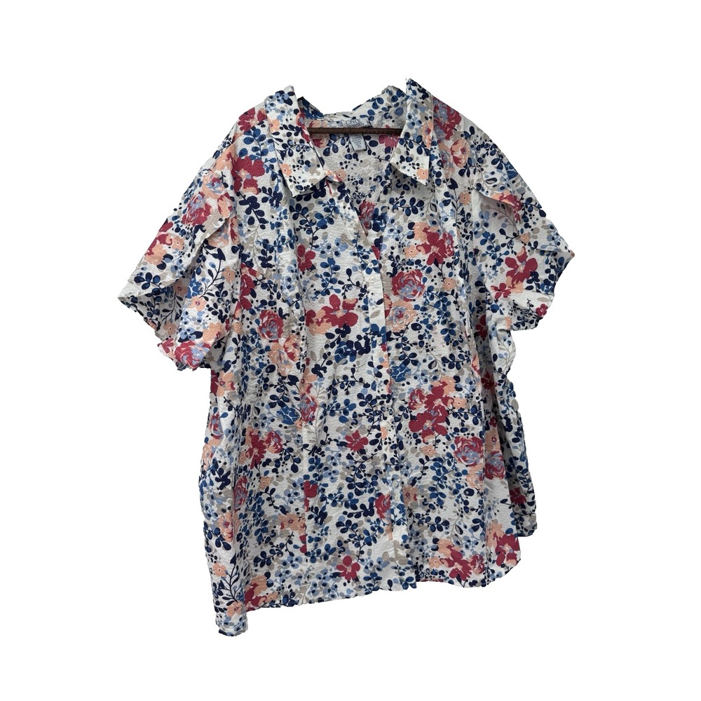 Only Necessities Button Up Blouse Blue White Floral Short Sleeve cap sleeve 5X